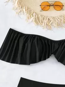 Conjunto de bikini de verano con ribetes de volantes y escote en hombros descubiertos con cadena - Negro - Ver 5