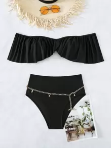 Conjunto de bikini de verano con ribetes de volantes y escote en hombros descubiertos con cadena - Negro - Ver 6