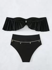 Conjunto de bikini de verano con ribetes de volantes y escote en hombros descubiertos con cadena - Negro - Ver 7