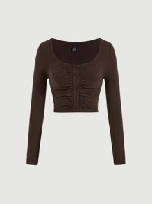 SHEIN MOD Ruched Front Scoop Neck Crop Tee - Chocolate Brown - View 2