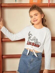 LOONEY TUNES X SHEIN Tween Girl Letter And Rabbit Print Knot Hem Tee - White - View 4