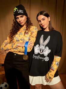 LOONEY TUNES X SHEIN Plus 1pc Cartoon & Letter Graphic Drop Shoulder 2 In 1 Tee - Black - View 4