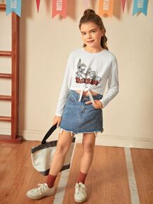 LOONEY TUNES X SHEIN Tween Girl Letter And Rabbit Print Knot Hem Tee - White - View 5