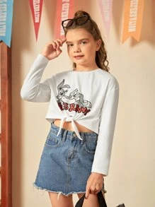 LOONEY TUNES X SHEIN Tween Girl Letter And Rabbit Print Knot Hem Tee - White - View 1