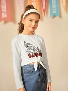 LOONEY TUNES X SHEIN Tween Girl Letter And Rabbit Print Knot Hem Tee - White - View 6