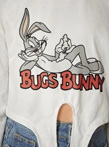 LOONEY TUNES X SHEIN Tween Girl Letter And Rabbit Print Knot Hem Tee - White - View 7