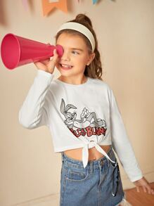 LOONEY TUNES X SHEIN Tween Girl Letter And Rabbit Print Knot Hem Tee - White - View 8
