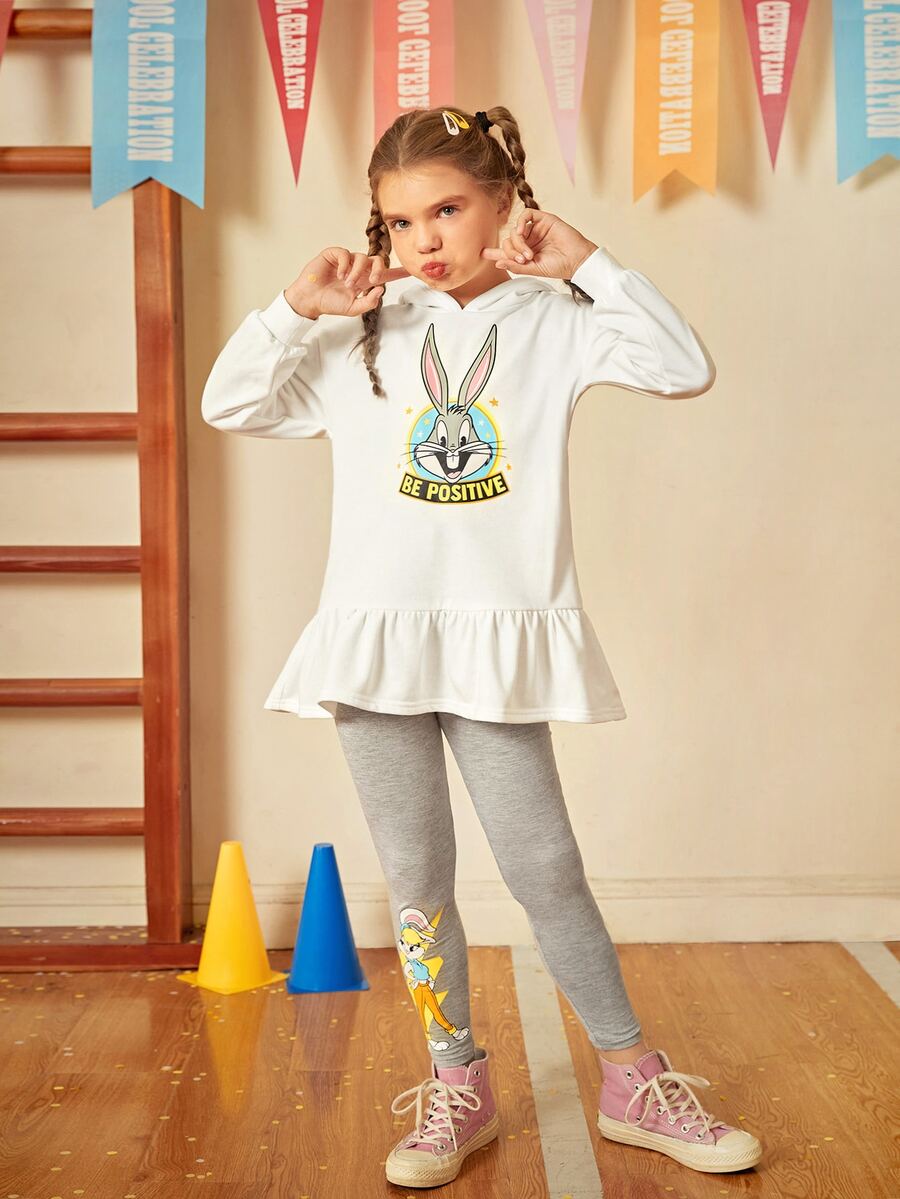 LOONEY TUNES X SHEIN Chicas Leggings con capucha con estampado de conejo bajo con fruncido - Multicolor - Ver 1