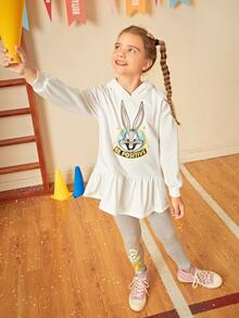 LOONEY TUNES X SHEIN Chicas Leggings con capucha con estampado de conejo bajo con fruncido - Multicolor - Ver 3
