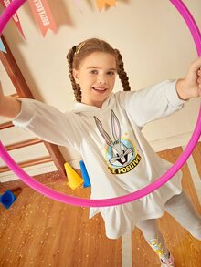 LOONEY TUNES X SHEIN Chicas Leggings con capucha con estampado de conejo bajo con fruncido - Multicolor - Ver 4