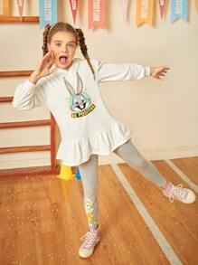 LOONEY TUNES X SHEIN Chicas Leggings con capucha con estampado de conejo bajo con fruncido - Multicolor - Ver 8