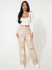 SHEIN PETITE Butterfly Print Ripped Straight Leg Jeans - Khaki - View 3