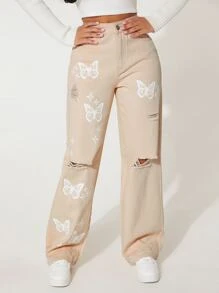SHEIN PETITE Butterfly Print Ripped Straight Leg Jeans - Khaki - View 4