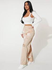 SHEIN PETITE Butterfly Print Ripped Straight Leg Jeans - Khaki - View 5