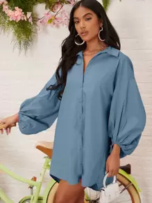 SHEIN Essnce High Low Lantern Sleeve Button Front Dress - Dusty Blue - View 1