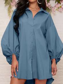 SHEIN Essnce High Low Lantern Sleeve Button Front Dress - Dusty Blue - View 3