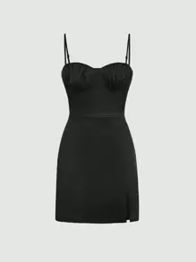 SHEIN MOD 胸部褶皺下擺開叉吊帶洋裝 - 黑色 - 查看 1