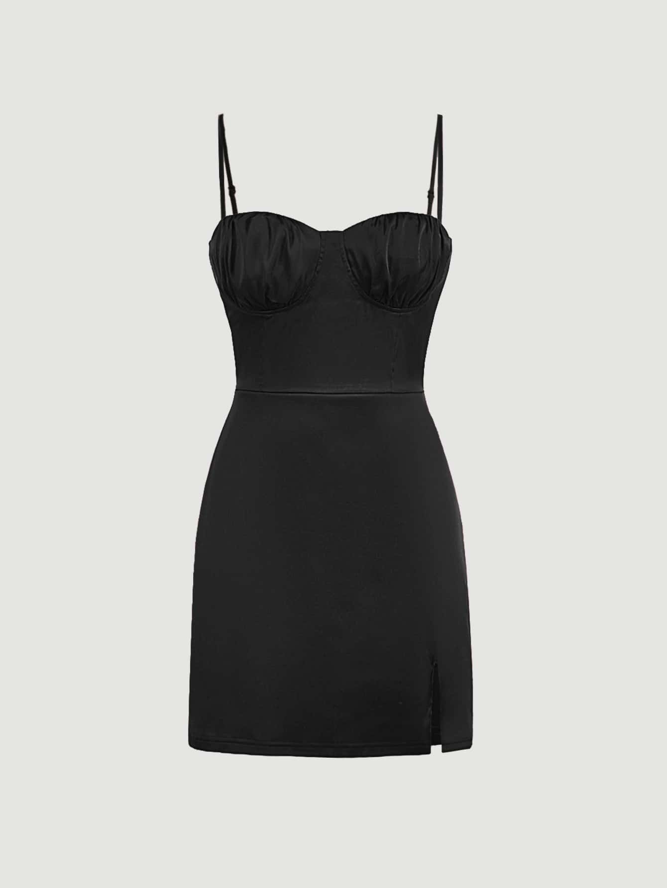 SHEIN MOD 胸部褶皺下擺開叉吊帶洋裝 - 黑色 - 查看 1