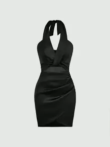 SHEIN BAE Cut Out Backless Ruched Wrap Hem Halter Dress - Black - View 1