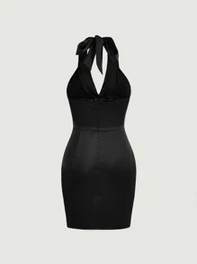 SHEIN BAE Cut Out Backless Ruched Wrap Hem Halter Dress - Black - View 2