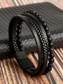 HX Men Bead Decor Braided Detail Bracelet, For Jewelry Gift And Party - Black - View 11