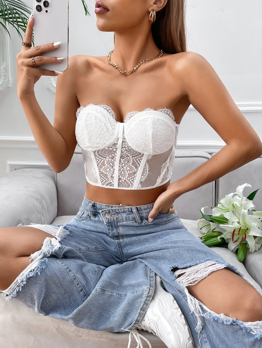SHEIN BAE Contrast Lace Bustier Crop Tube Top - White - View 1