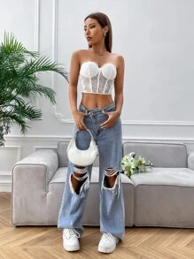 SHEIN BAE Contrast Lace Bustier Crop Tube Top - White - View 3