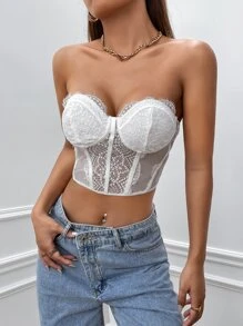 SHEIN BAE Contrast Lace Bustier Crop Tube Top - White - View 4