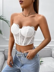 SHEIN BAE Contrast Lace Bustier Crop Tube Top - White - View 5