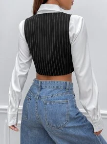 SHEIN EZwear Striped Print Button Front Vest Blazer Without Blouse - Black - View 2