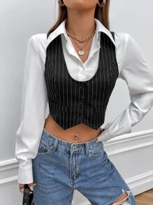 SHEIN EZwear Striped Print Button Front Vest Blazer Without Blouse - Black - View 3