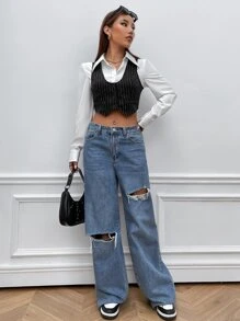 SHEIN EZwear Striped Print Button Front Vest Blazer Without Blouse - Black - View 5