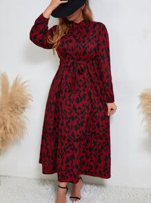 Mulvari Burgundy Red Plus Allover Print Bishop Sleeve Ruffle Hem Belted Dress - Burgundy - View 1