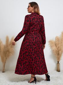 Mulvari Burgundy Red Plus Allover Print Bishop Sleeve Ruffle Hem Belted Dress - Burgundy - View 2