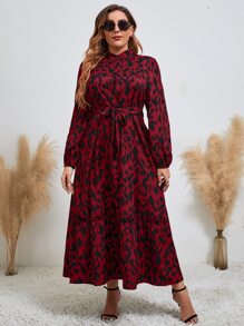 Mulvari Burgundy Red Plus Allover Print Bishop Sleeve Ruffle Hem Belted Dress - Burgundy - View 4