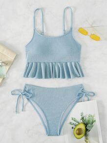 SHEIN Ruffle Hem Tie Side Bikini Set Summer Beach - Baby Blue - View 7