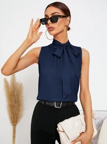 SHEIN Privé Áo không tay cổ buộc, áo không tay - Màu xanh hải quân - Xem 3