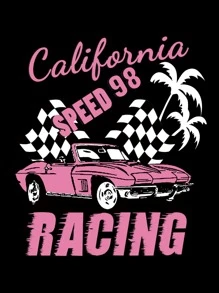 SHEIN EZwear Car And Letter Graphic Drawstring Thermal Hoodie - Black - View 6