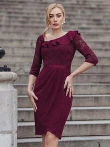 MIUSOL Đầm Tương phản ren Xù Trọn gói Dây kéo màu trơn Thanh lịch - Màu Đỏ Sâu - Xem 4