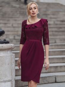 MIUSOL Đầm Tương phản ren Xù Trọn gói Dây kéo màu trơn Thanh lịch - Màu Đỏ Sâu - Xem 2