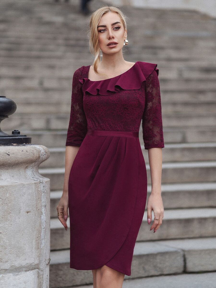 MIUSOL Đầm Tương phản ren Xù Trọn gói Dây kéo màu trơn Thanh lịch