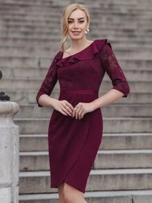 MIUSOL Đầm Tương phản ren Xù Trọn gói Dây kéo màu trơn Thanh lịch - Màu Đỏ Sâu - Xem 9