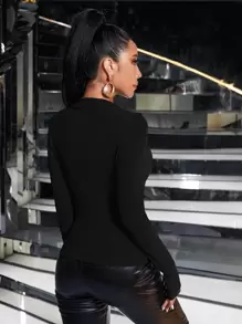 SHEIN BAE 雞心領口條紋針織T恤 - 黑色 - 查看 2