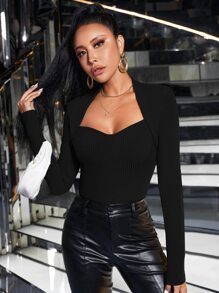 SHEIN BAE 雞心領口條紋針織T恤 - 黑色 - 查看 4