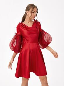 nithAnantha Wave Point Mesh Lantern Sleeve Knot Detail Satin Dress,Elegant Dress,Fall Women Clothes,For Autumn - Red - View 3