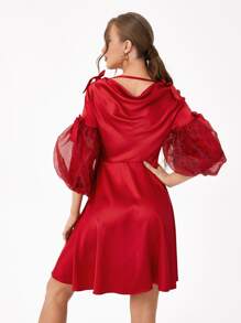 nithAnantha Wave Point Mesh Lantern Sleeve Knot Detail Satin Dress,Elegant Dress,Fall Women Clothes,For Autumn - Red - View 4