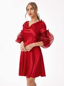 nithAnantha Wave Point Mesh Lantern Sleeve Knot Detail Satin Dress,Elegant Dress,Fall Women Clothes,For Autumn - Red - View 1