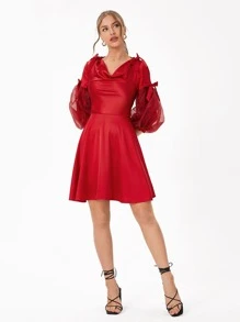 nithAnantha Wave Point Mesh Lantern Sleeve Knot Detail Satin Dress,Elegant Dress,Fall Women Clothes,For Autumn - Red - View 6