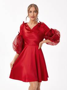 nithAnantha Wave Point Mesh Lantern Sleeve Knot Detail Satin Dress,Elegant Dress,Fall Women Clothes,For Autumn - Red - View 2
