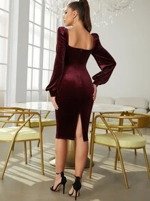 Lantern Sleeve Ruched Mesh Bodycon Dress - Burgundy - View 2